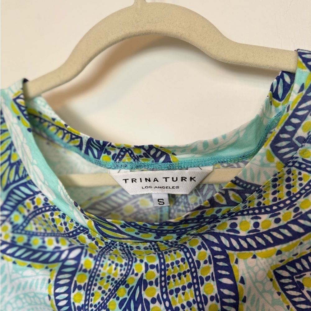 Trina Turk Blue Tropical Leaf Print Sleeveless Lightweight Mini Dress- Small - Picture 4 of 6